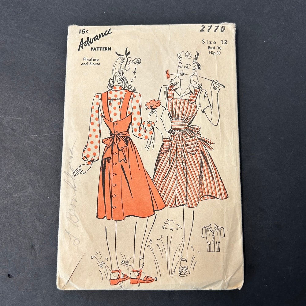 Vintage 1940's Advance Sewing Pattern 2770 Women Size 12 Pinafore Blouse